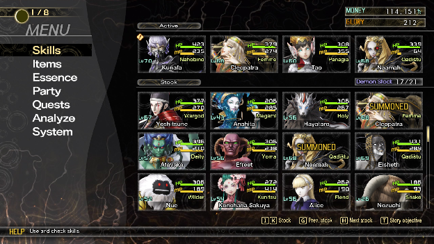 Pause menu, Skills tab default view
