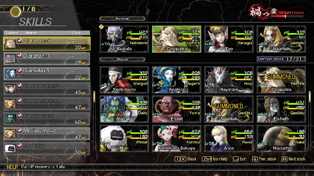 Skills submenu with active demon
