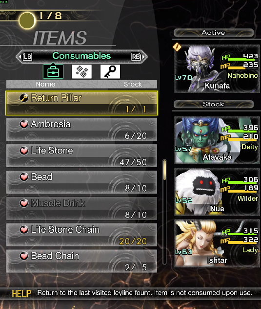 Items submenu