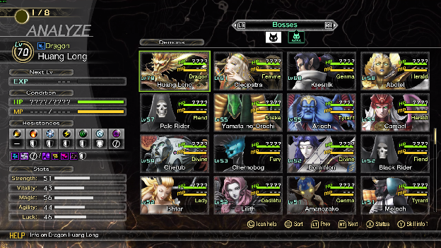 Analyze menu, bosses list